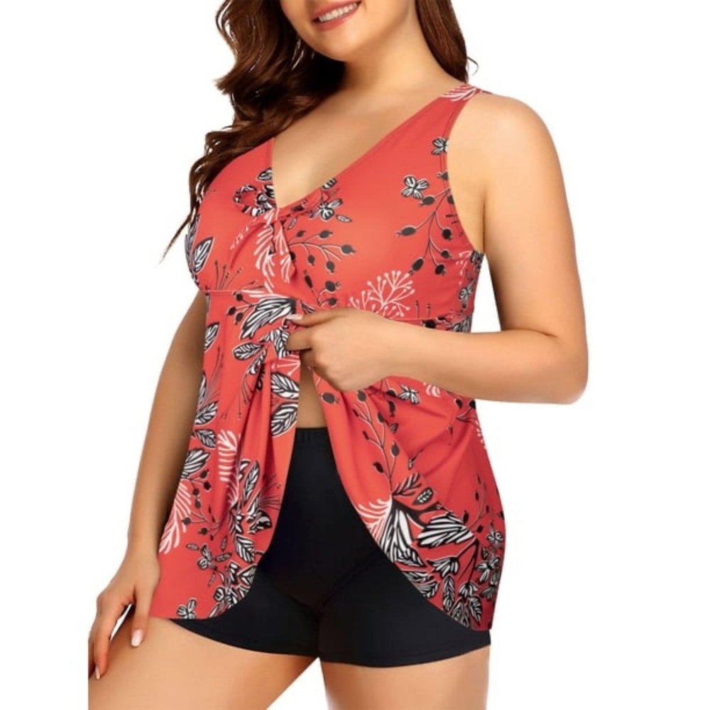 Rivelino Plus Size V-Neck Tankini with Boyshorts Two-Piece Bowknot - Picture 2 of 9